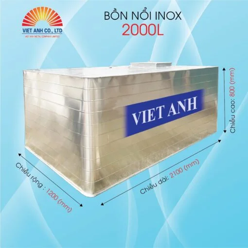 Bể vuông inox đặt nổi 2000L