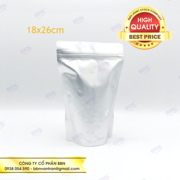 Túi zipper nhôm đáy đứng 2 mặt bạc