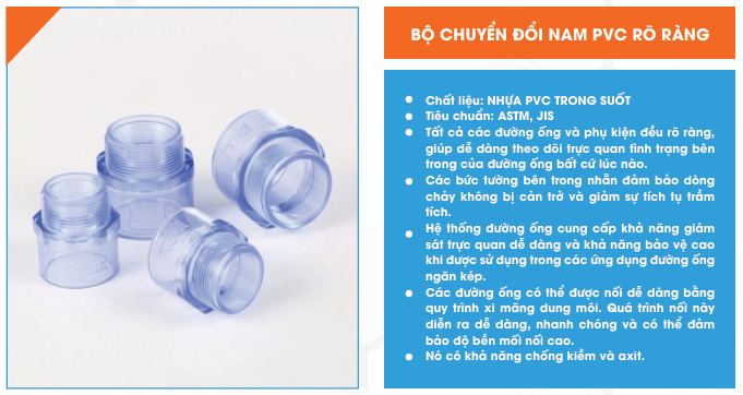 Bộ chuyển đổi nam PVC rõ ràng